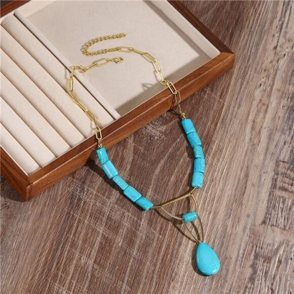 Chunky Turquoise and Gold Geometric Pendant Necklace Bohemian Western - Picture 2 of 4